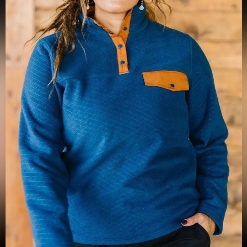 ZYIA Active blue quilted fleece snap button pullover sweater women’s size large
